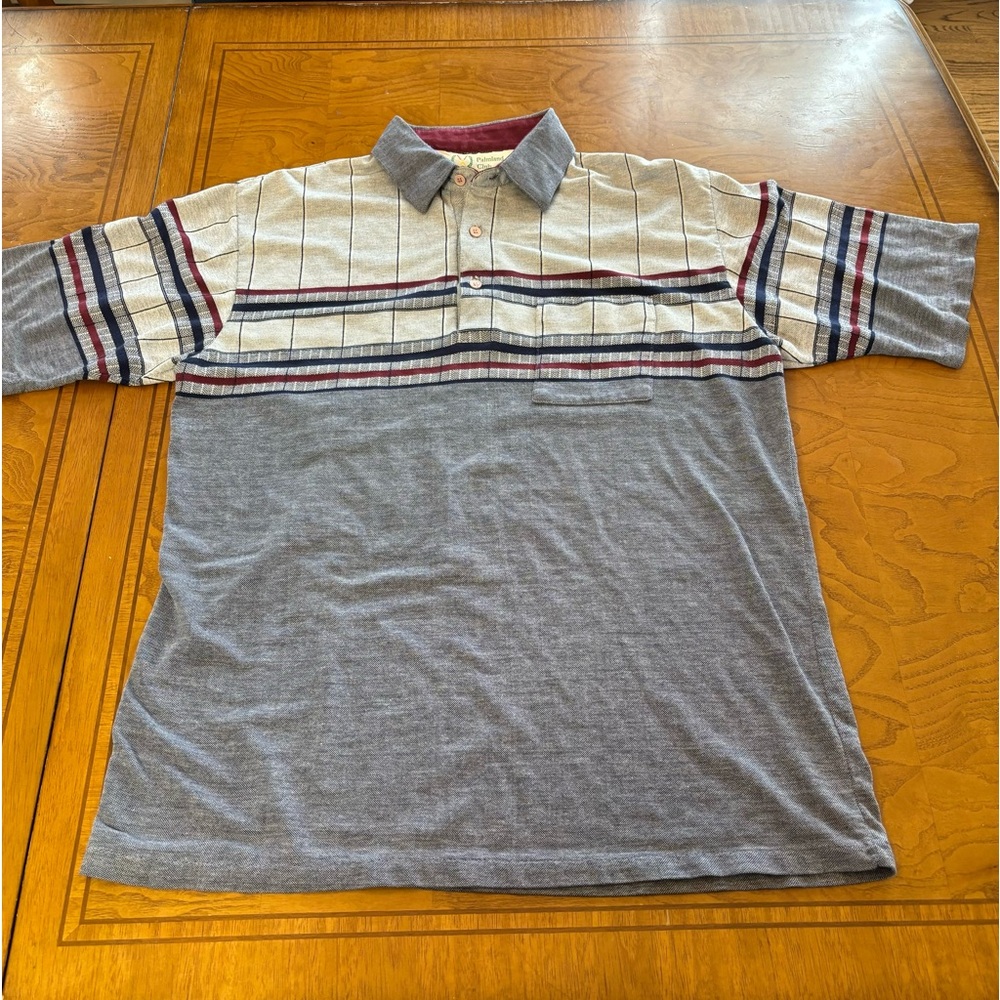 Palmland Club Mens Large Short Sleeve Polo Shirt Striped Windowpane Blue Gray